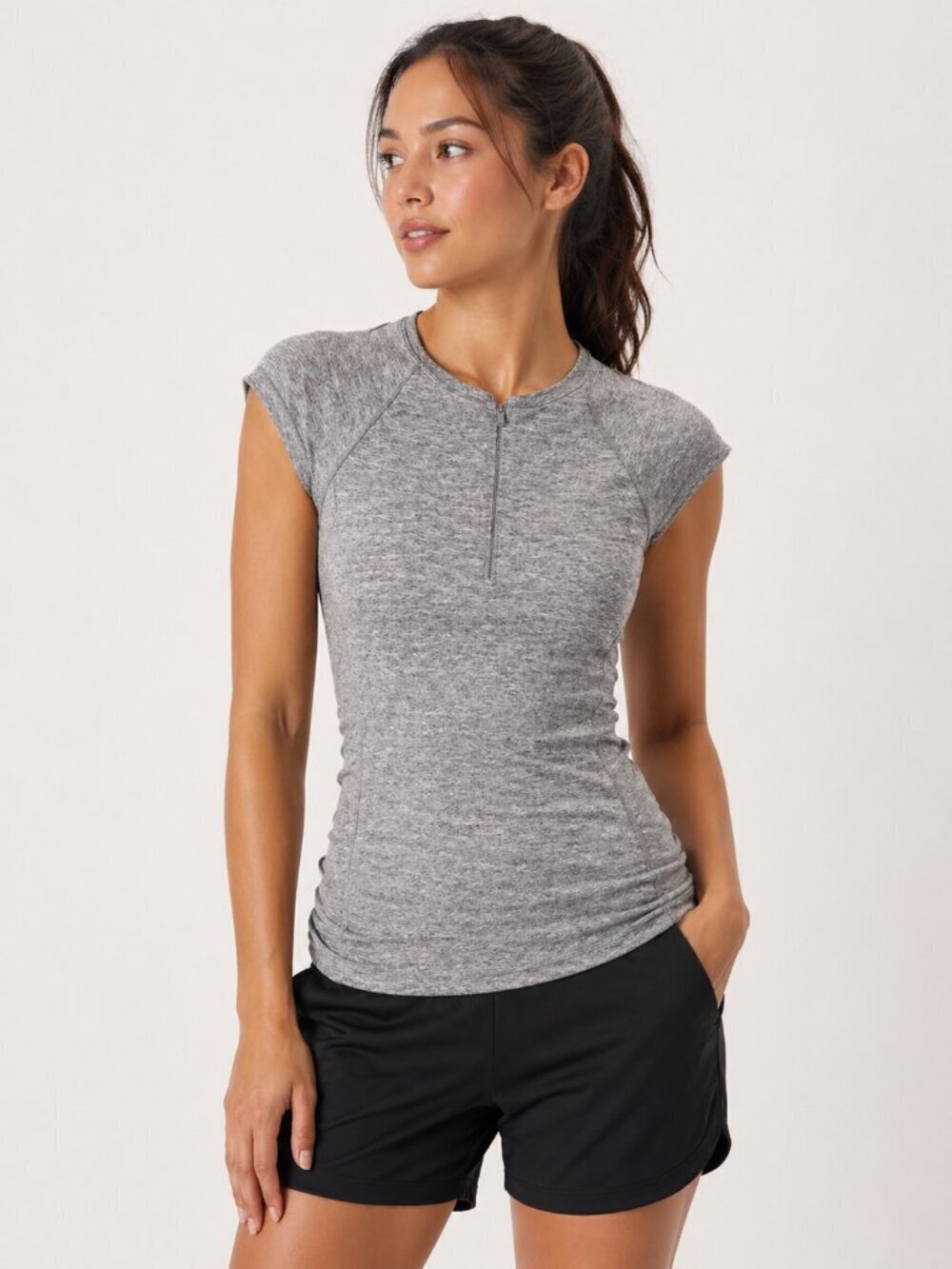 ATHLETA Pacifica Contour Ruched Zip Tank Top XS Heather Gray